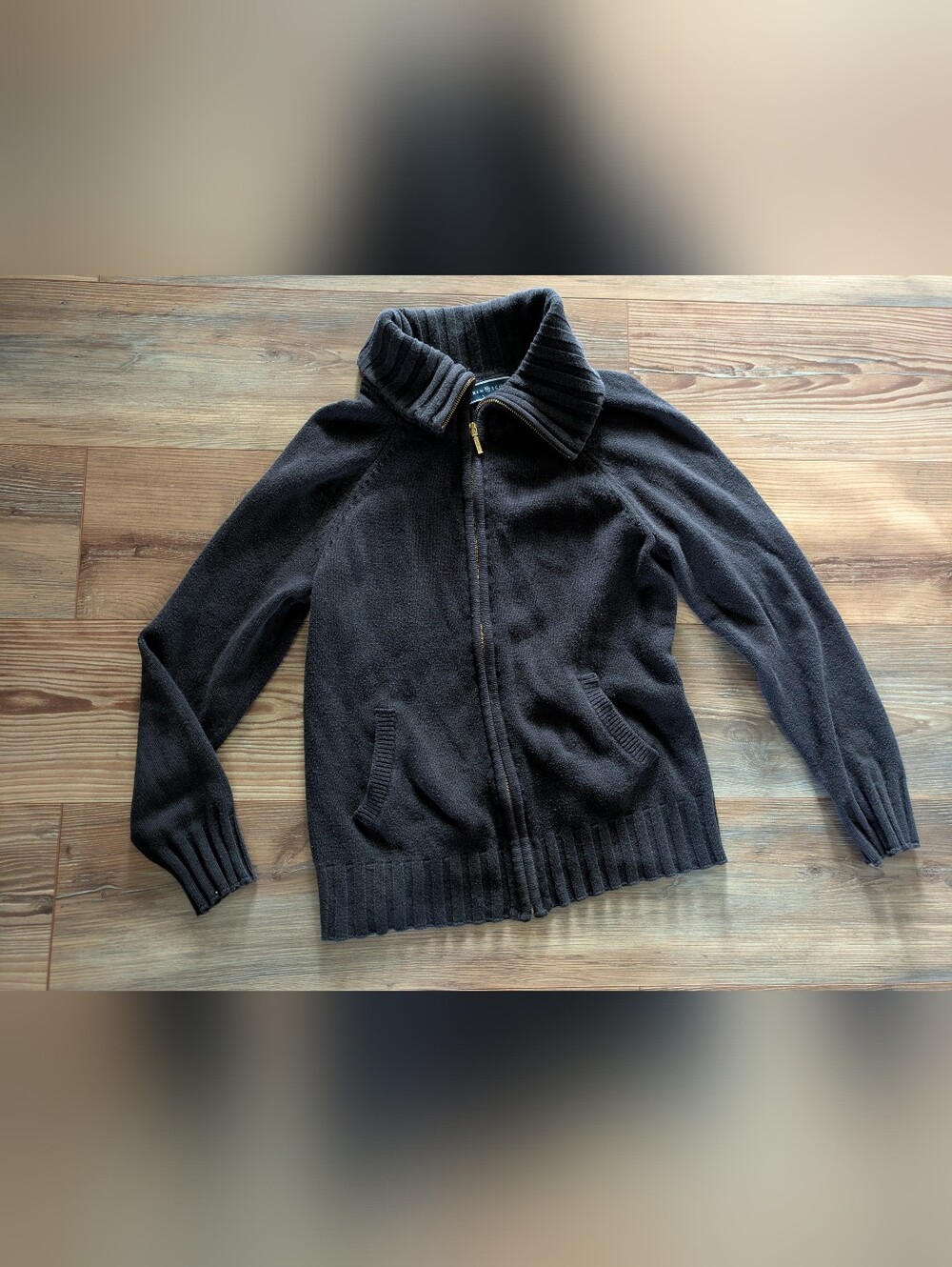 Karen Scott Black Full Zip Collared Long Sleeve Thick Knit Sweater Jacket Medium